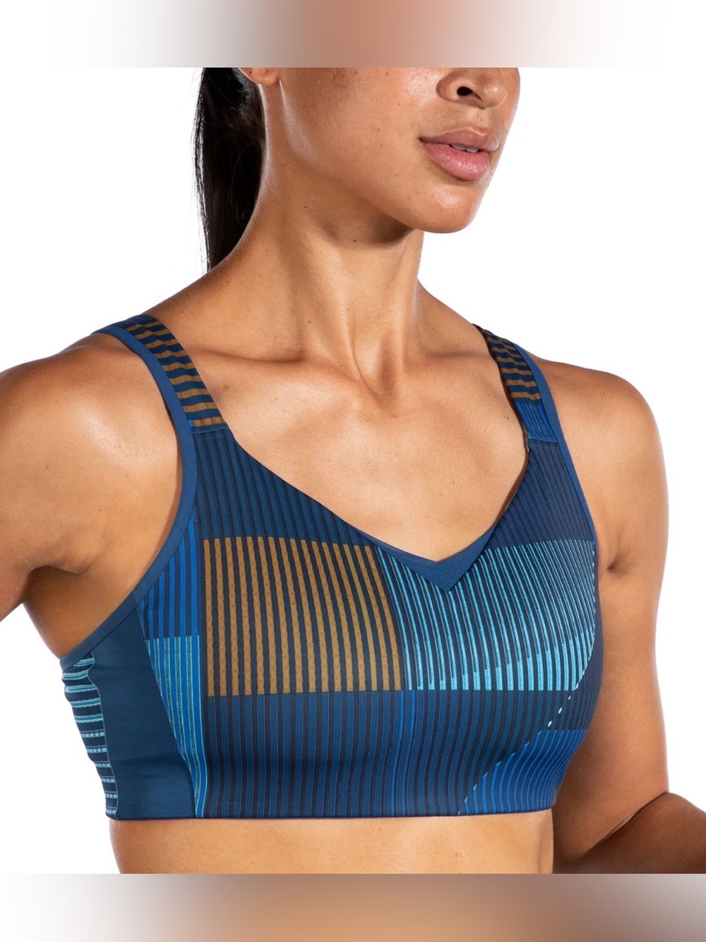 Brooks Women's Drive Convertible Run Bra in a blue motion print pattern/size L